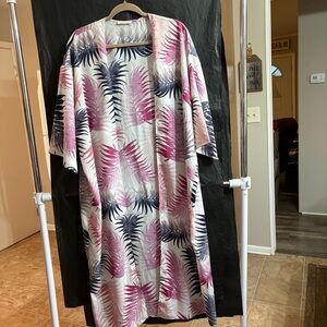Carole Christian L/XL Pink and Purple Leaf Print Kimono Tropical Resort Vacation